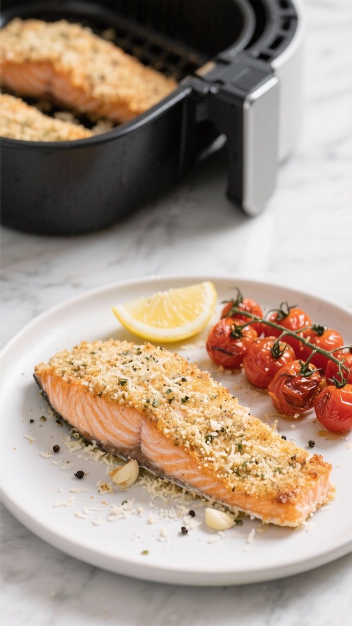 45-degree air fryer and plate combo: garlic-Parmesan crusted salmon fillets fresh from the air fryer, edges crisp with finely grated Parmesan, Italian seasoning, kosher salt, black pepper, and minced garlic; roasted cherry tomatoes blistered and juicy alongside; one fillet plated with a lemon wedge, the air fryer basket with remaining fillets in soft focus behind; clean, modern kitchen surface, sharp detail on the crust.