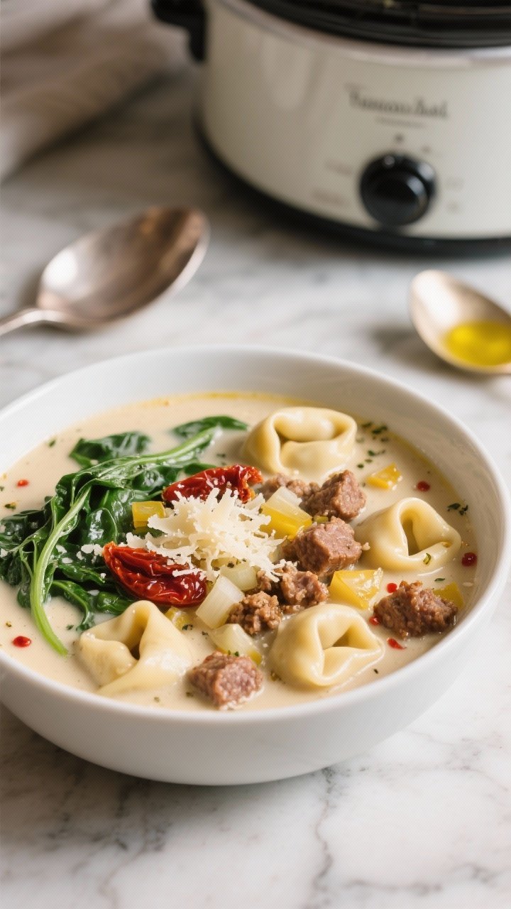 45-degree angle bowl shot of creamy Tuscan tortellini soup: plump cheese tortellini swimming in a silky, creamy broth with browned crumbles of Italian sausage, diced yellow onion, minced garlic, Italian seasoning, and a hint of crushed red pepper flakes. Wilted spinach ribbons and sun-dried tomato pieces add deep red-green contrast. Presented in a wide white ceramic bowl on a marble surface, with a ladle and a crockpot in the background. Garnish of grated Parmesan and a drizzle of olive oil, warm golden light emphasizing the creamy texture.