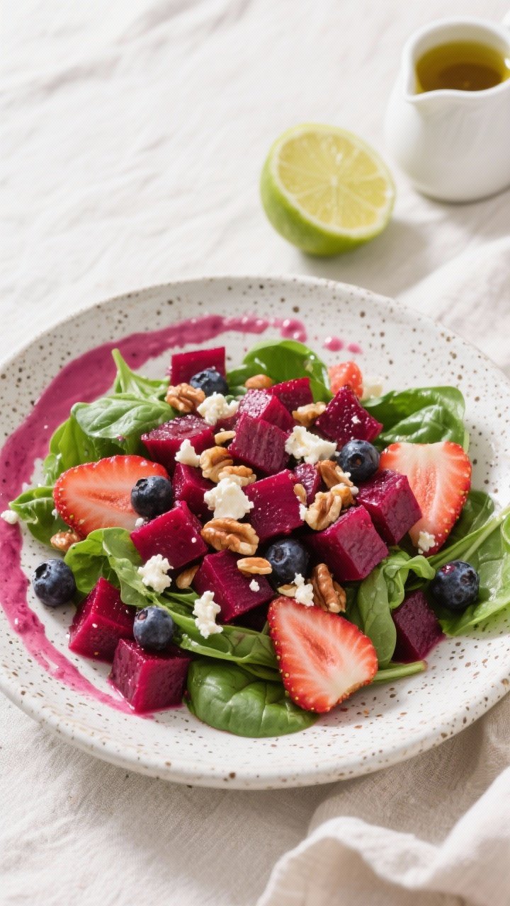 45-degree angle, bright and vibrant Beet and Berry Power Salad: roasted diced beets tumbled with baby spinach, sliced strawberries (and a few mixed berries), crumbled goat cheese, and a sprinkle of toasted nuts or seeds; glossy maple-lime vinaigrette lightly drizzled, ruby beet stains on the plate edge, served in a speckled ceramic bowl on a light linen, props include a cut lime and a small pitcher of vinaigrette, high saturation, appetizing contrast of magenta, green, and white.