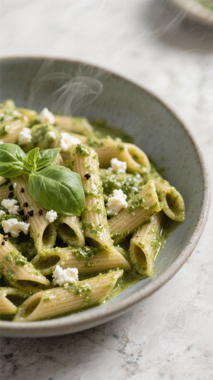 45-degree angle close-up of 10-Minute Cottage Cheese Pesto Pasta: whole wheat penne tossed in a silky green sauce made from cottage cheese and prepared pesto, loosened with a splash of pasta cooking water; ribbons of sauce clinging to the pasta, tiny curd specks visible for creaminess, finished with cracked black pepper and a few basil leaves; presented in a matte ceramic bowl on a light stone surface, soft directional light, gentle steam.