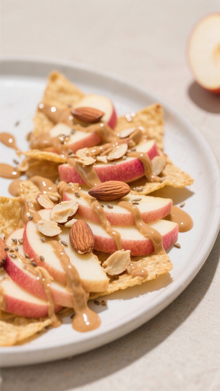 45-degree angle dynamic platter of apple nachos: thin fanned slices of Honeycrisp and Pink Lady layered on a matte white plate, drizzled with silky natural peanut butter thinned with a touch of water and honey, forming ribbons; topped with crunchy add-ins (sliced almonds and flax sprinkled lightly); glossy highlights on apples, clean neutral background, appetizing sheen.