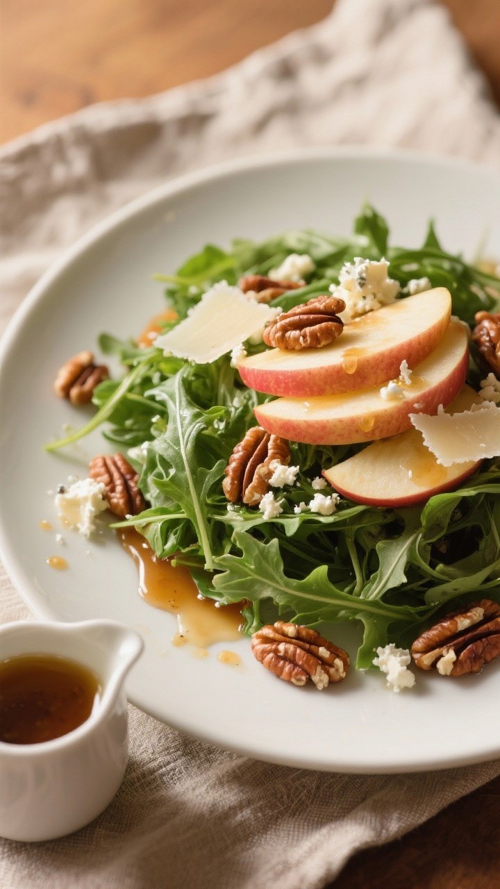 45-degree angle fall-inspired apple and arugula plate: a mound of baby arugula topped with thinly sliced crisp apple (Honeycrisp or Pink Lady), shaved Parmesan (or crumbled goat cheese), and chopped toasted walnuts or pecans. Glossy maple-Dijon vinaigrette lightly clinging to leaves, a small pitcher of dressing nearby. Warm, cozy tones, soft side lighting, subtle shadows, rustic linen for seasonal feel.