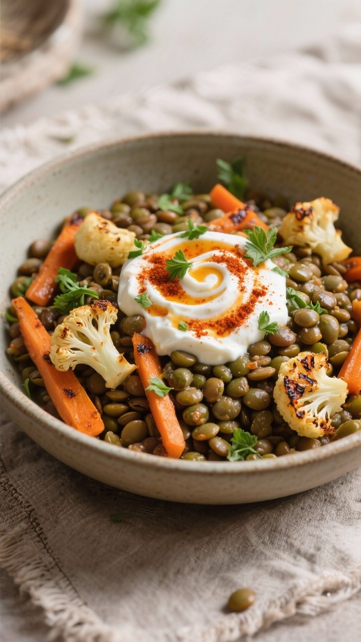45-degree angle hearty bowl of Lentils with Roasted Veg and Harissa Yogurt: French green/brown lentils piled with roasted cauliflower florets and diagonal-sliced carrots, all kissed with olive oil and smoked paprika; generous dollops of tangy harissa yogurt swirled on top; parsley or mint sprinkled; warm, earthy tones with charred edges visible; set on a rustic linen for a cozy Middle Eastern vibe.