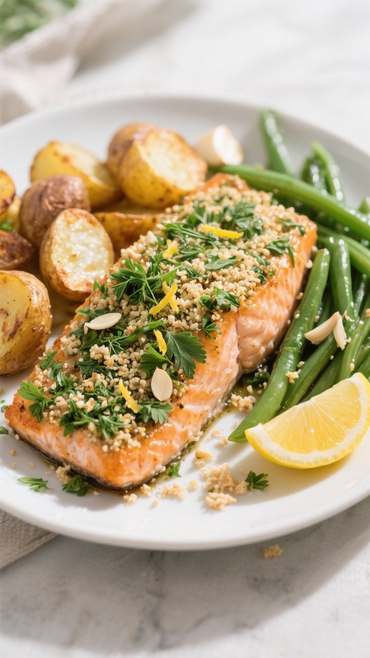 45-degree angle of Herb-Crusted Baked Salmon dinner plate: skin-on salmon topped with a vibrant crust of fresh parsley, fresh dill or basil, lemon zest, minced garlic, and panko breadcrumbs (or almond meal), baked until crisp; served with garlicky roasted potatoes (golden, blistered) and tender green beans, lemon wedge on the side, crumbs scattered artfully, bright natural light accentuating green herb crust texture.
