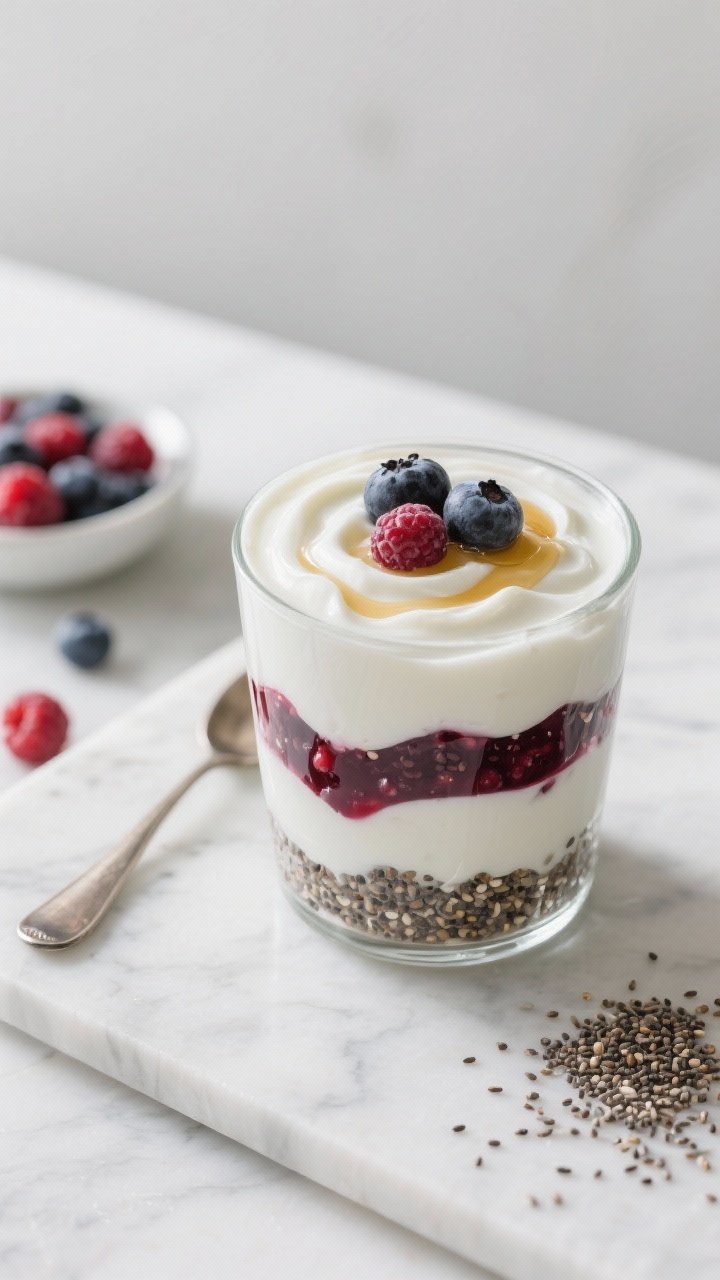 45-degree angle plated parfait: a clear glass filled with creamy plain Greek yogurt swirled with vanilla and a ribbon of berry-chia jam made from mixed berries and chia seeds, softly pooling down the sides. Garnish with a few whole berries on top and a light drizzle of honey or maple syrup. Set on a bright marble surface with a spoon, scattered chia seeds, and a small dish of mixed berries in the background; clean, fresh morning light.