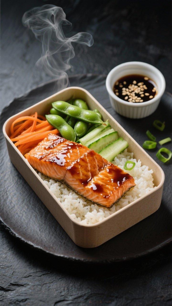 45-degree angle plated presentation of a 15-Minute Teriyaki Salmon Rice Box: lacquered teriyaki-glazed salmon fillets nestled over warm jasmine rice, with bright green shelled edamame, carrot ribbons, and sliced cucumber arranged in neat sections of a bento-style container; a small ramekin of extra teriyaki sauce and scattered sesame seeds and sliced scallions; steam subtly rising, glossy glaze highlights, minimalist dark slate background for contrast, professional studio lighting.