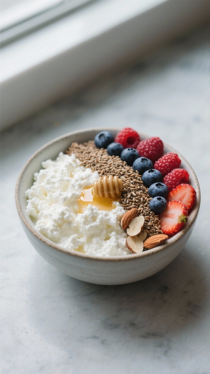 45-degree angle plated presentation of a cottage cheese power bowl: creamy 2–4% cottage cheese mounded in a shallow ceramic bowl topped with a neat arc of mixed berries (blueberries, raspberries, sliced strawberries), a stripe of ground flaxseed, and a sprinkle of toasted sliced almonds; a tiny honey drizzle glints on the fruit; cool-toned background, soft window light, crisp focus on textures.