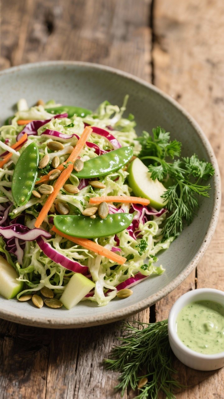 45-degree angle plated presentation of a Crunchy Green Goddess Detox Slaw: a heaping tangle of shredded green and red cabbage, shredded carrots, thinly sliced snap peas, julienned green apple, and wisps of red onion, tossed with a creamy green herb dressing and scattered pumpkin seeds; served in a shallow matte stoneware bowl on a rustic wood table, a small ramekin of extra dressing and a cluster of fresh herbs (parsley, dill) to the side, sharp detail on the crunchy strands, clean bright daylight.