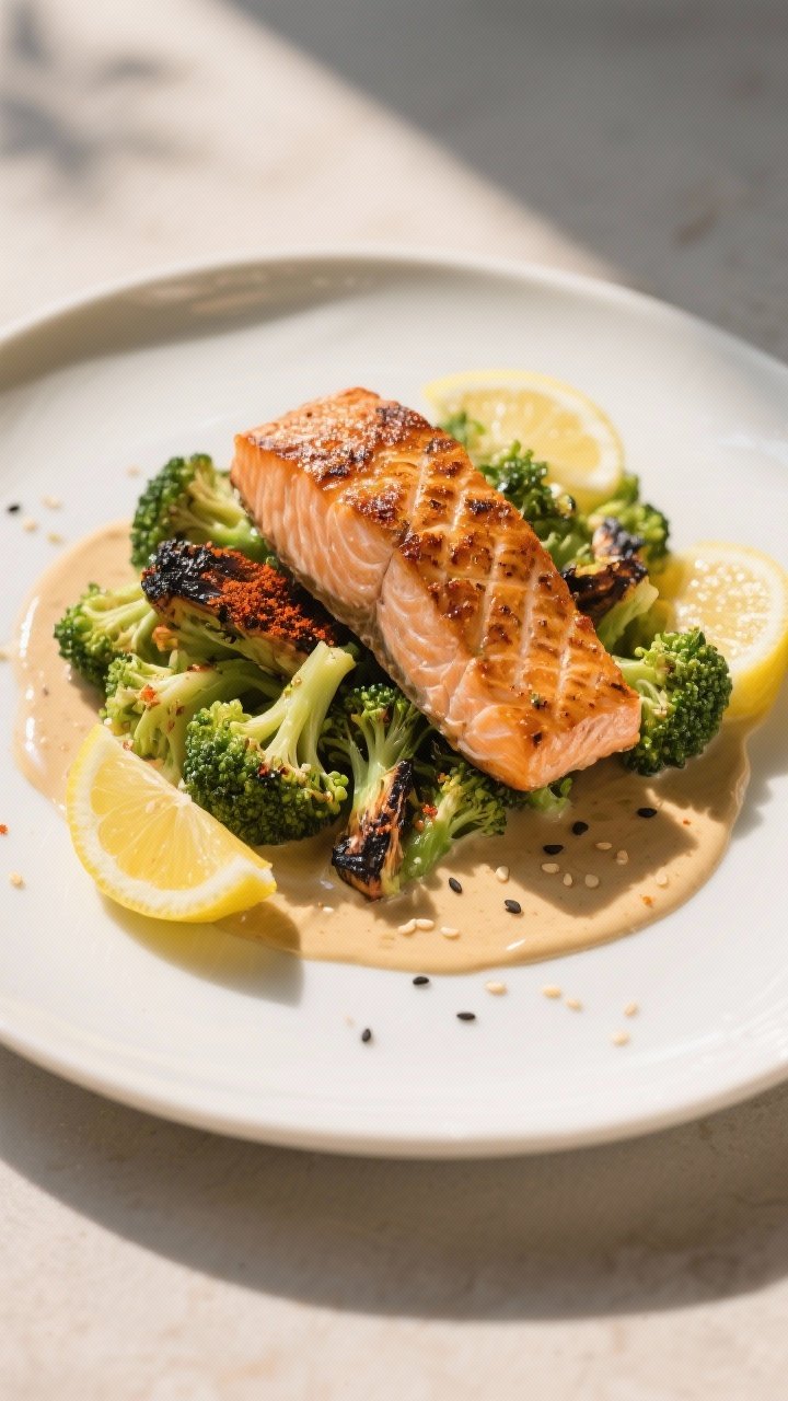 45-degree angle plated presentation of Lemon-Tahini Salmon Salad: seared salmon fillets with crispy edges, seasoned with olive oil, kosher salt, and black pepper, set over charred broccoli florets dusted with smoked paprika; generous drizzle of silky lemon-tahini dressing pooling slightly on the plate; served on a wide white ceramic plate with lemon rounds and a few sesame seeds; warm directional light emphasizing the salmon flake and broccoli char.