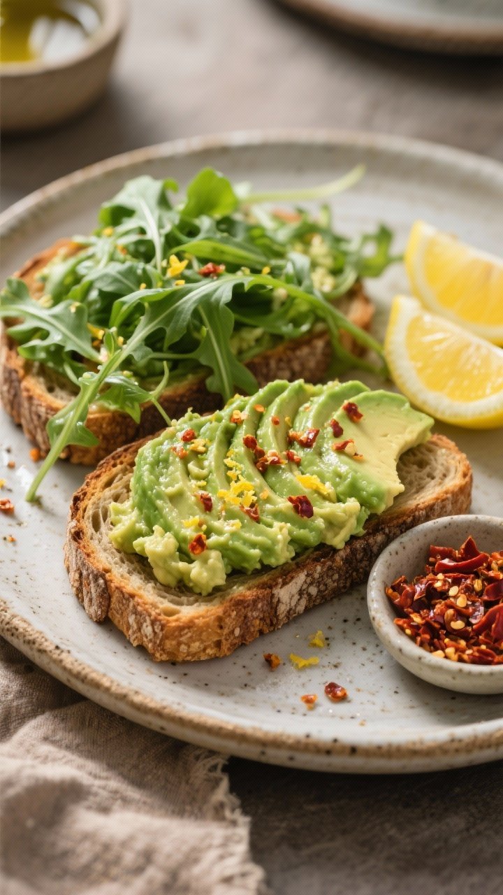 45-degree angle plated presentation of savory avocado toast: 1–2 slices of hearty whole-grain sourdough toasted, topped with mashed 1/2 avocado, a mound of lemony baby arugula lightly tossed in extra-virgin olive oil, lemon juice, and lemon zest, finished with a scatter of chili crunch; shown on a rustic ceramic plate with lemon wedges and a small dish of chili crisp; crisp textures and vibrant greens, warm natural light, shallow depth of field.
