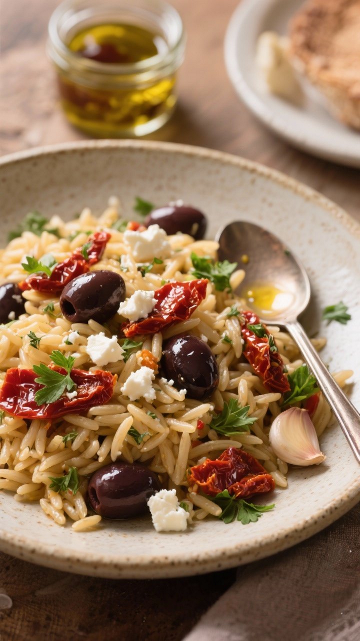 45-degree angle plated presentation of Sun-Dried Tomato and Olive Orzo Salad: glossy orzo tossed with extra-virgin olive oil, red wine vinegar, Dijon mustard, grated garlic, dried oregano, kosher salt, chopped sun-dried tomatoes, and briny Kalamata olives; garnished with fresh parsley and a few crumbles of feta. Served in a shallow stoneware bowl with a small jar of vinaigrette and a spoon beside it. Warm, inviting tones, Mediterranean lunch vibe.