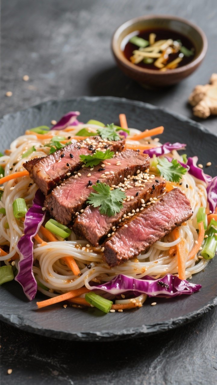 45-degree angle plated scene of a Crunchy Asian Noodle Salad topped with Soy-Ginger seared flank steak: glossy rice noodles tossed with shredded red cabbage, shredded carrots, and scallions; thinly sliced medium-rare steak seasoned with kosher salt and black pepper, seared in neutral oil; sesame seeds and cilantro scattered; a small bowl of soy-ginger dressing with visible ginger strands; set on a slate surface for a fresh, crisp, street-food vibe.