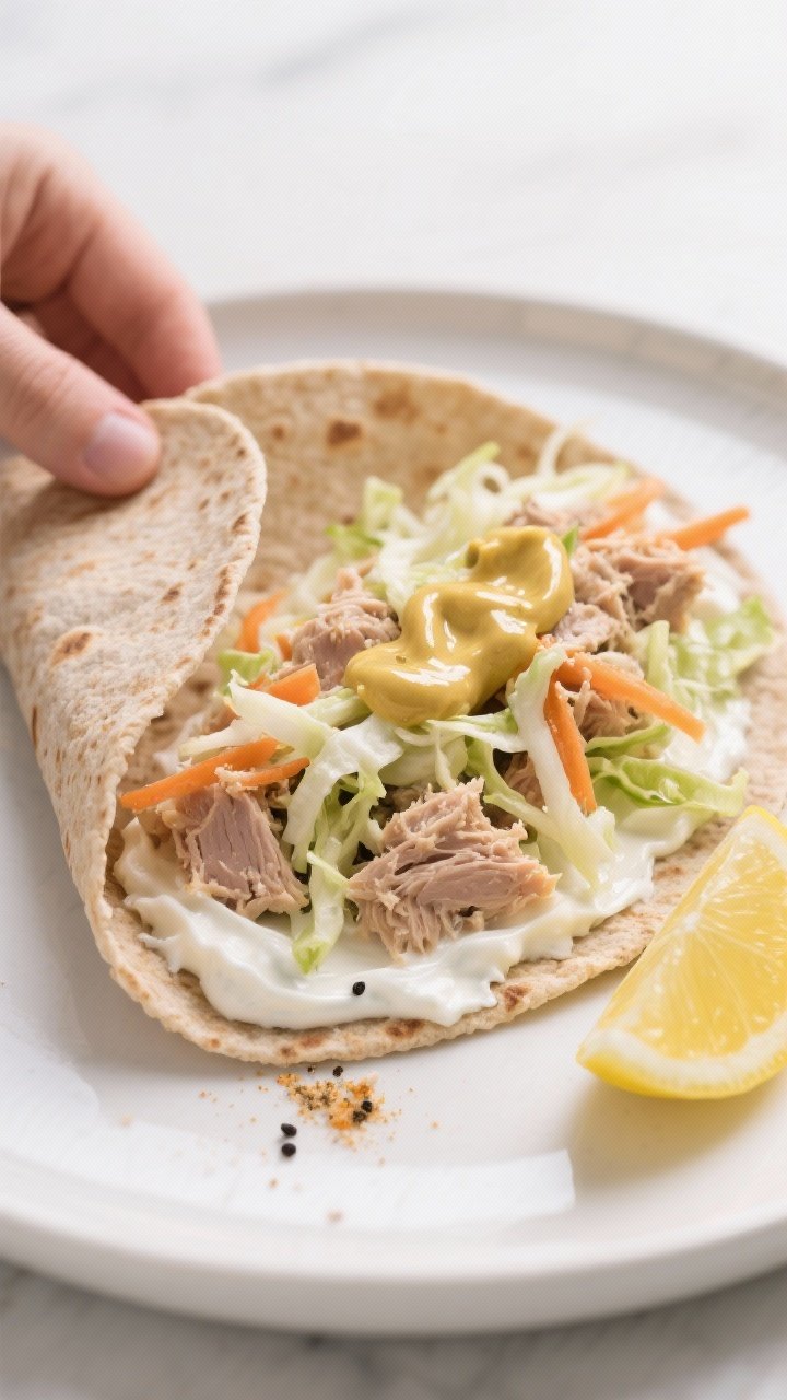 45-degree angle plated shot of a Creamy Greek Yogurt Tuna Wrap being assembled: whole-wheat tortilla spread with a mixture of tuna, plain 2% Greek yogurt, Dijon mustard, lemon juice, olive oil, garlic powder, kosher salt, and black pepper; piled with crunchy slaw (finely shredded cabbage and carrot) for texture. The wrap is half-rolled to reveal the creamy tuna and slaw layers, with extra slaw and lemon wedges on the side; clean, bright backdrop, soft shadows, focus on glossy tuna mixture and crisp slaw strands.
