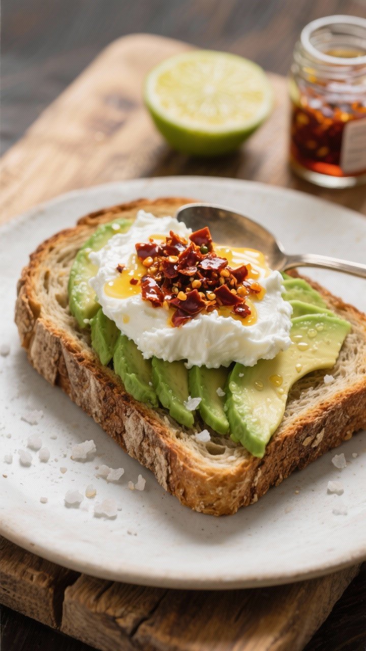 45-degree angle plated shot of a single slice of toasted whole-grain sourdough topped with fanned avocado, a generous dollop of creamy 2%–4% cottage cheese, and a shimmering spooned-on layer of chili crisp; tiny droplets of lemon or lime juice visible, finished with a pinch of flaky salt; set on a rustic wooden board with a lime wedge and a small jar of chili oil in frame; crisp edges, soft curd texture, and chili crunch emphasized.