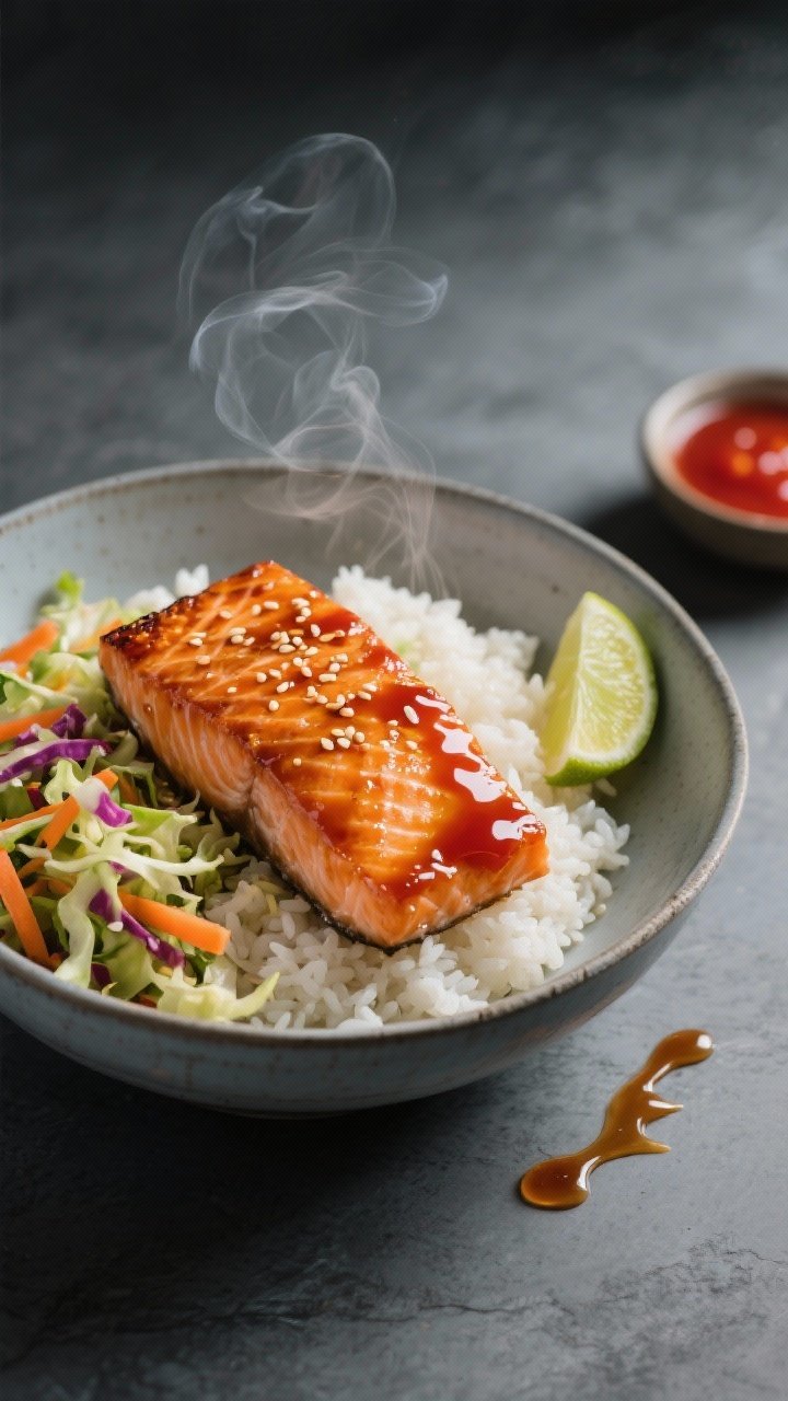 45-degree angle plated shot of a Sriracha Honey Salmon Rice Bowl: caramelized salmon fillet glazed with a glossy sriracha-honey-soy mixture over fluffy white rice, with a colorful 5-minute slaw on the side (shredded cabbage and carrots lightly dressed). Visible sesame seeds and a lime wedge accent, a small dish of sriracha nearby, and a drizzle trail on the salmon. Steam rising, lacquered glaze highlights, modern ceramic bowl on a matte slate surface, moody yet appetizing lighting.