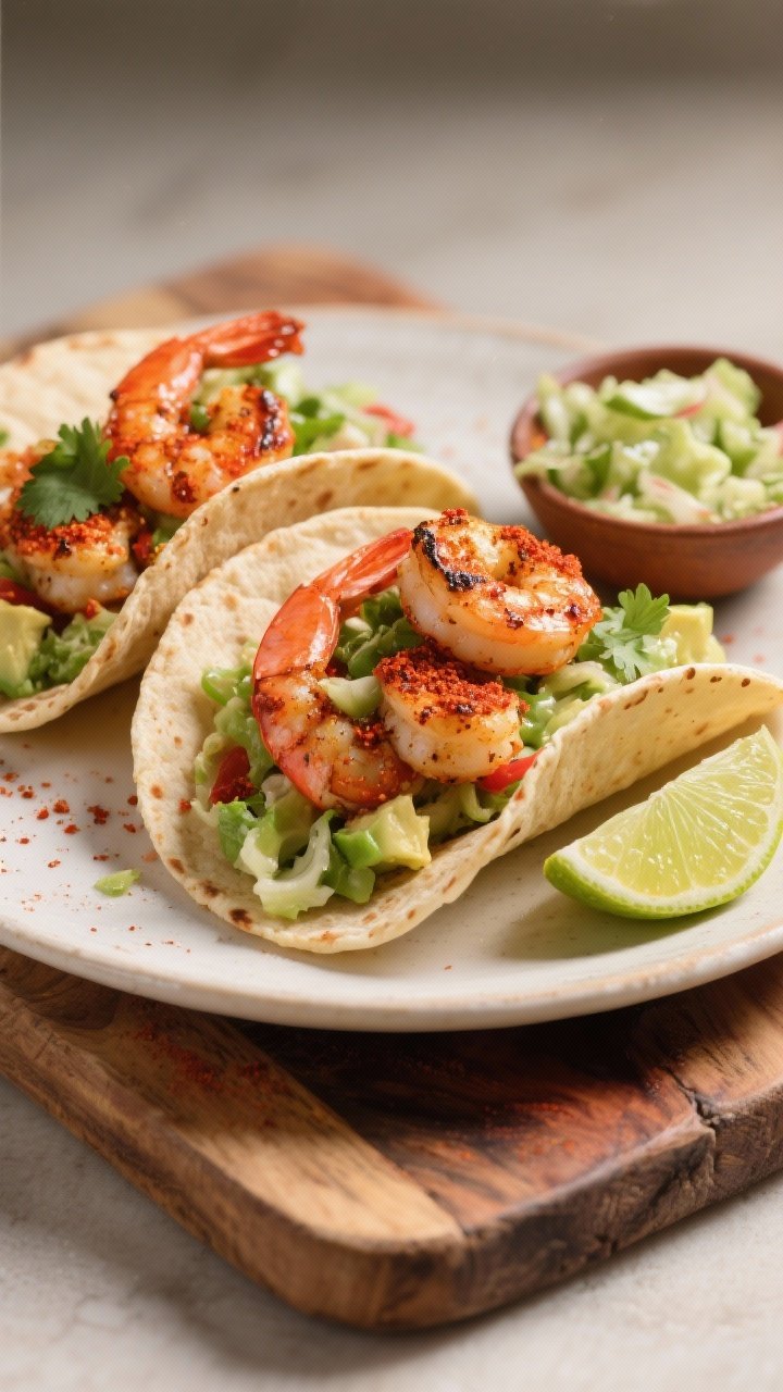 45-degree angle plated shot of Spicy Shrimp Tacos: seared shrimp coated in chili powder, smoked paprika, cumin, cayenne, and kosher salt tucked into warm small corn tortillas, topped with creamy avocado-lime slaw and fresh cilantro; lime wedges and a small bowl of extra slaw on the side; visible char on shrimp, soft tortilla texture, and glossy slaw; styled on a rustic wooden board with a neutral backdrop; vibrant reds, greens, and warm tortilla tones; professional, punchy lighting to emphasize spice and freshness.