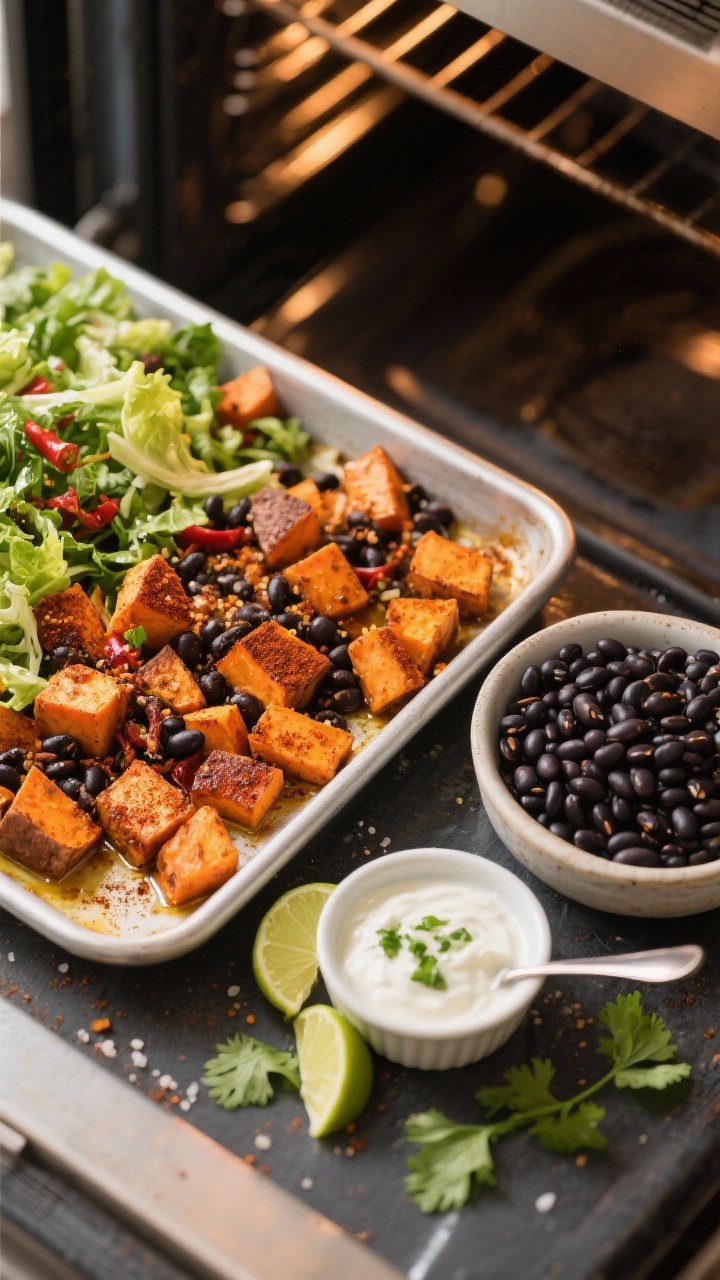45-degree angle roasting tray scene for Chili-Roasted Sweet Potato and Black Bean Salad: cubed sweet potatoes tossed with olive oil, chili powder, cumin, smoked paprika, and kosher salt roasting to caramelized edges; nearby bowl of rinsed black beans and a pile of chopped romaine/spring mix; a small ramekin of lime-cilantro yogurt sauce with a spoon trail; lime halves and cilantro sprigs scattered; warm oven-light glow highlighting spice crust.