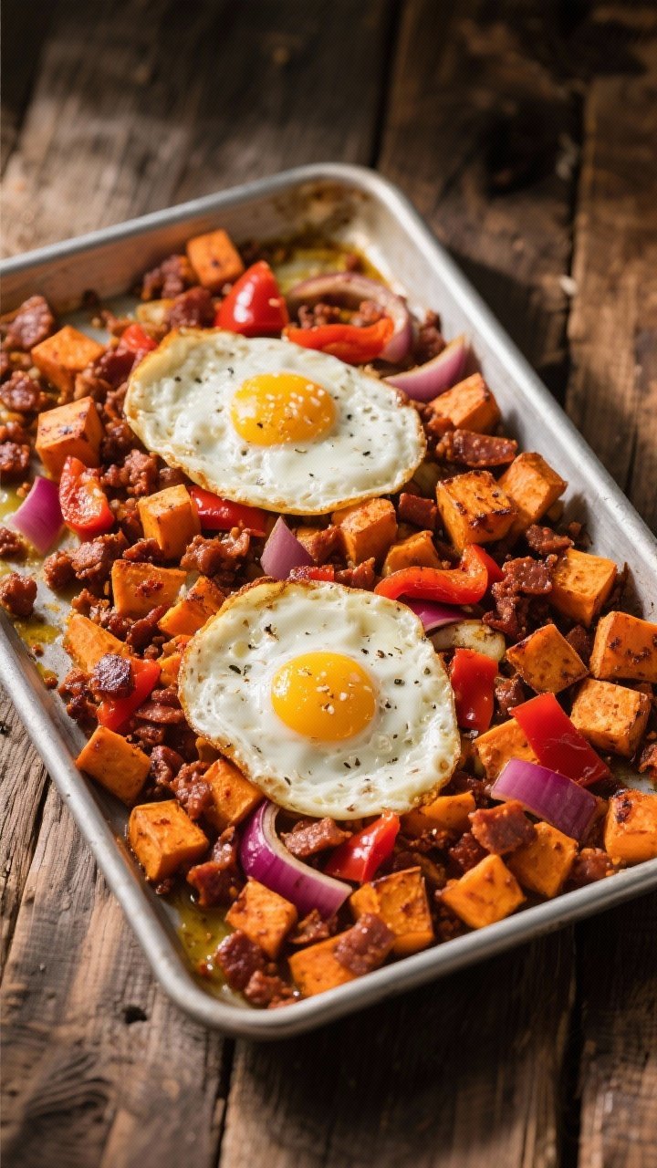45-degree angle sheet-pan sweet potato hash with chorizo and fried eggs: a large metal sheet pan filled with 1/2-inch cubes of roasted sweet potato, diced red bell pepper, and sliced red onion, all tossed in olive oil, smoked paprika, and ground cumin; browned crumbles of chorizo scattered throughout; two sunny-side-up fried eggs with crisped edges nestled on top; garnished with a pinch of salt, black pepper, and a hint of char; rustic wooden table, directional light to emphasize caramelization and vibrant orange-red hues.