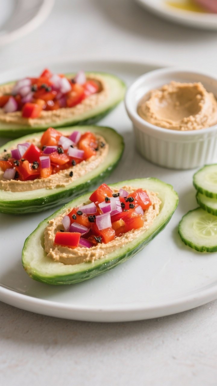 45-degree angle shot of crunchy veggie hummus boats: Persian cucumber halves (or English cucumber) hollowed and filled with hummus (classic or roasted red pepper), topped with diced bell pepper and finely chopped red onion, sprinkled with black pepper; arranged on a matte white platter with a ramekin of extra hummus and a few cucumber coins on the side, fresh and vibrant colors, soft diffused daylight for crisp textures.