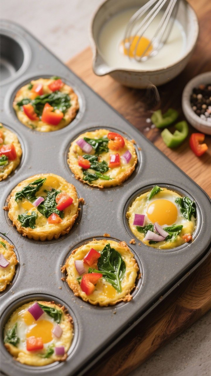 45-degree angle shot of savory veggie egg muffins fresh from the oven in a nonstick muffin tin: golden tops flecked with diced bell pepper, chopped spinach, and finely diced red onion. A pour spout bowl with whisked eggs, milk, salt, and black pepper sits nearby, with a few raw veggie bits on a wooden board. Warm directional light, subtle steam, minimal props, emphasizing meal-prep practicality and the colorful vegetable speckles in the custardy interior.