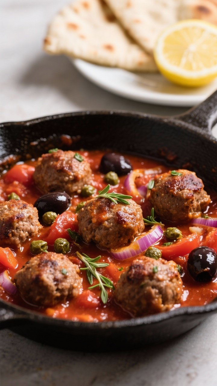 45-degree angle skillet scene of Greek-Inspired Turkey Meatballs With Tomato-Olive Pan Sauce: browned turkey meatballs simmering in a chunky tomato sauce studded with Kalamata olives, capers, and bits of red onion; finished with a drizzle of olive oil and fresh oregano leaves. Meatballs glistening, sauce bubbling gently, served with a side plate of lemon wedges and warm pita in the background. Rich reds, glossy highlights, cozy dinner mood.