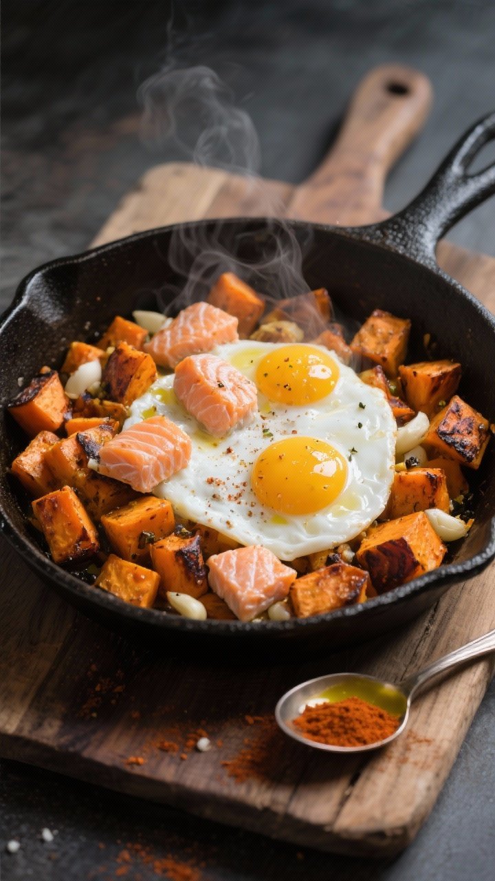 45-degree angle skillet scene of Smoky Salmon and Sweet Potato Hash with Egg Whites: 1/2-inch cubed roasted sweet potatoes tossed in 2 teaspoons olive oil, smoked paprika, garlic powder, kosher salt, and black pepper; flaky cooked salmon pieces nestled throughout; soft-set egg whites folded in, slightly silky with gentle steam rising. Charred edges on sweet potato, vivid orange against blush salmon and snowy whites. Cast-iron skillet on a rustic wooden board with a spoonful of smoked paprika and a drizzle of olive oil nearby; warm, moody light for a hearty post-workout vibe.