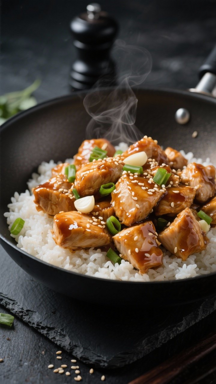 45-degree angle wok scene of honey-garlic chicken bites: 1-inch chicken breast pieces tossed glossy in a sticky honey-garlic sauce, visible minced garlic and a sheen from neutral oil, lightly crisped cornstarch coating underneath, steam rising; garnished with sesame seeds and scallions over white rice in a shallow bowl, salt and black pepper grinder in background, moody takeout vibe with dark slate surface.