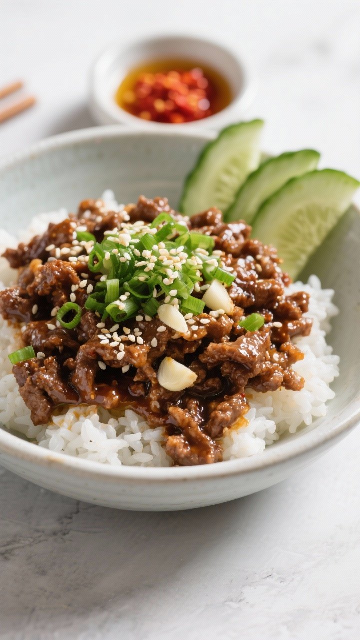 45-degree bowl presentation of Korean-inspired beef bowls: glossy, caramelized ground beef cooked with garlic and grated ginger, lacquered in low-sodium soy sauce and brown sugar, finished with sesame oil. Served over fluffy white rice, topped with sesame seeds and a vibrant sesame-scallion crunch, with quick cucumber slices on the side. A small dish of gochugaru and a drizzle of extra sesame oil nearby. Clean, modern styling with crisp highlights to emphasize shine and texture.