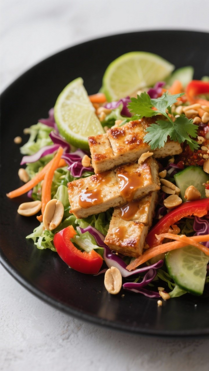 45-degree close-up of a Spicy Peanut Tempeh Crunch Salad: tempeh rectangles seared in neutral oil, lightly salted, tossed in glossy spicy peanut sauce; a crunchy base of shredded green and red cabbage, shredded carrots, thinly sliced red bell pepper, and sliced cucumbers; chopped peanuts, cilantro, and lime wedges; vibrant, punchy colors with a modern Asian-inspired aesthetic on a matte black plate.