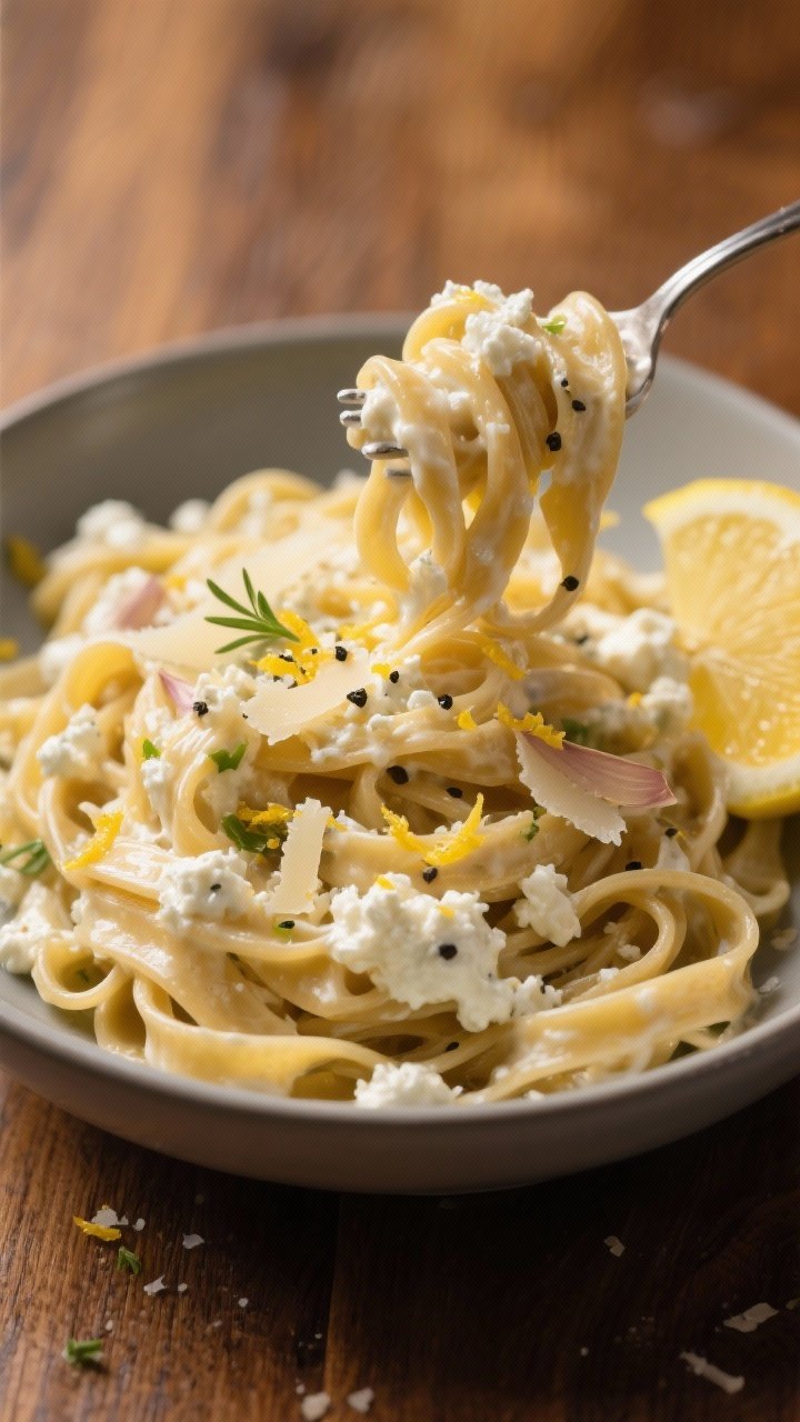 45-degree close-up of Creamy Cottage Cheese Protein Pasta being tossed: whole-wheat (or protein) pasta ribbons coated in a smooth cottage cheese-Parmesan sauce with lemon zest and a hint of olive oil sheen; micro-grated garlic and flecks of zest visible. Finish with extra grated Parmesan and a twist of black pepper, lemon wedge on the side. Shot in a wide, matte bowl on a warm wooden table, soft natural light for a velvety, high-protein comfort-food vibe.