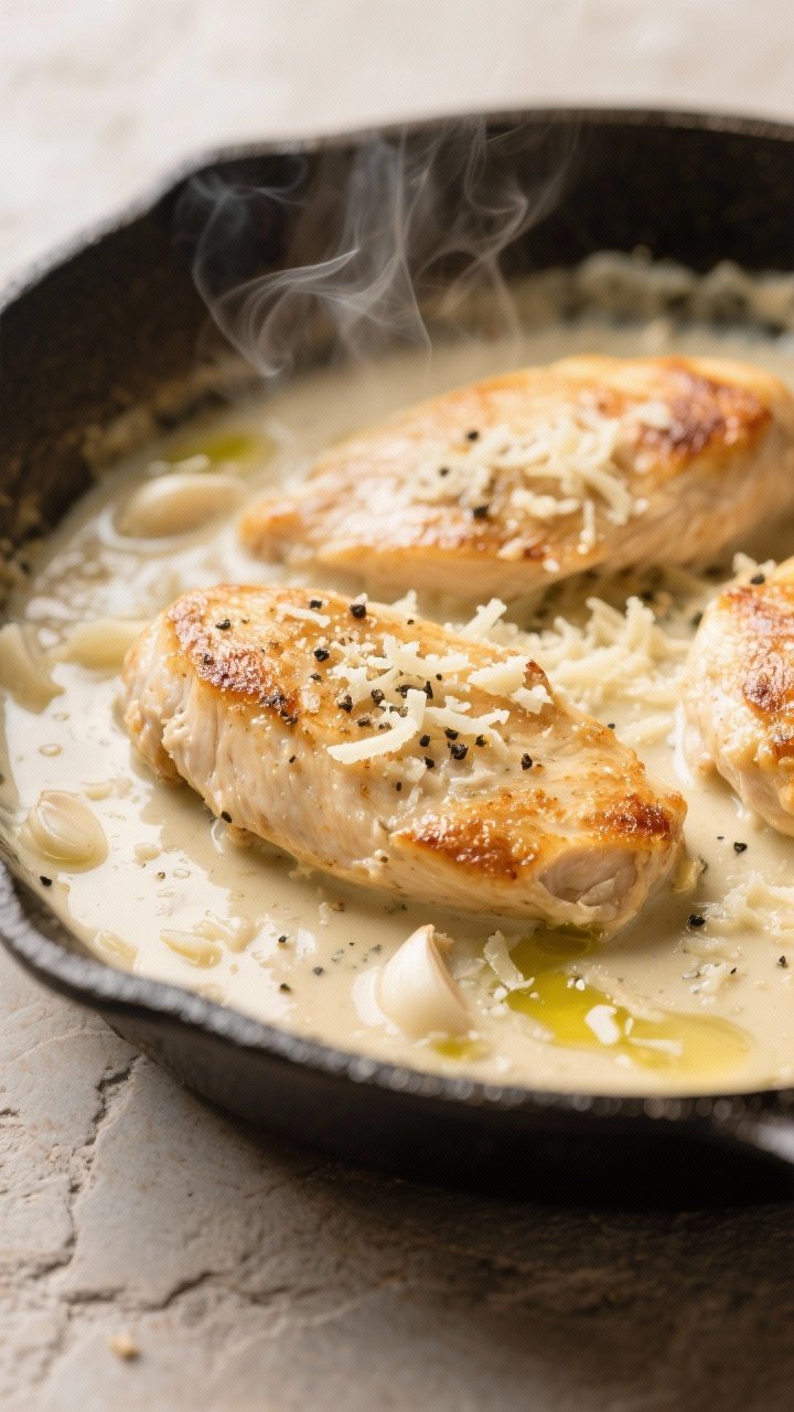 45-degree close-up of creamy garlic Parmesan skillet chicken: golden-seared chicken cutlets in a shallow skillet, bathed in a silky garlic-Parmesan sauce (no heavy cream) made with minced garlic and low-sodium broth, seasoned with sea salt, black pepper, and garlic powder; drizzle of olive oil sheen visible; steam rising, grated Parmesan melting into the sauce, neutral stone background for a cozy, comforting mood.