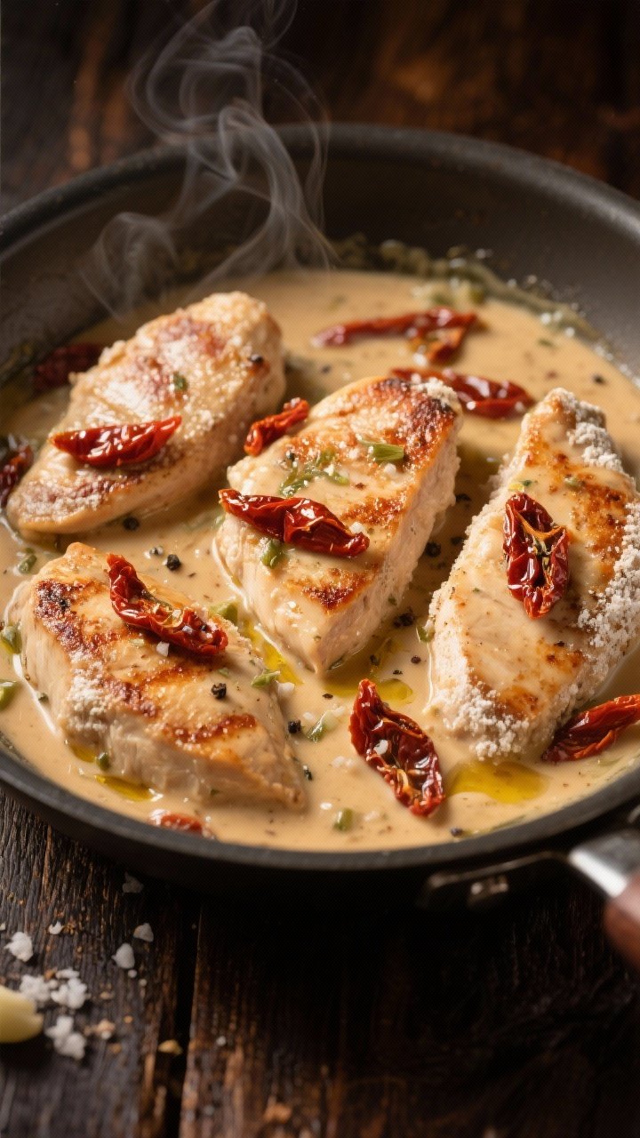 45-degree close-up of Creamy Sun-Dried Tomato Marsala Chicken. Four flour-dredged chicken cutlets seared in olive oil, bathed in a silky Marsala wine cream studded with julienned sun-dried tomatoes, seasoned with kosher salt, black pepper, and garlic powder. Sauce clings to the cutlets with visible streaks of tomato and glints of oil. Served in a stainless skillet on a dark wood table; warm, cozy lighting with gentle steam rising.