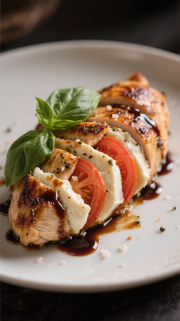 45-degree date-night-worthy Caprese stuffed chicken: seared and oven-finished chicken breasts slit and stuffed with thick slices of fresh mozzarella and Roma tomato, seasoned with sea salt, black pepper, and Italian seasoning; finished with a lustrous balsamic glaze drizzle and fresh basil leaves; served on a matte white plate with minimal crumbs; warm, moody lighting and shallow depth of field highlighting melted mozzarella and glossy glaze.