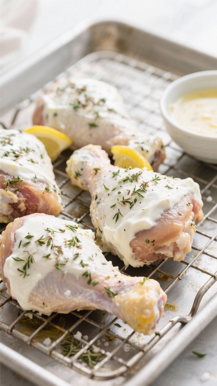 45-degree grill/roast prep close-up: yogurt-marinated chicken thighs coated in thick plain Greek yogurt mixed with lemon juice, dried oregano, and kosher salt; speckled herby coating clinging to the meat on a wire rack over a sheet pan, a small bowl of extra marinade beside it; emphasis on creamy texture and herb flecks; clean, bright Mediterranean mood.