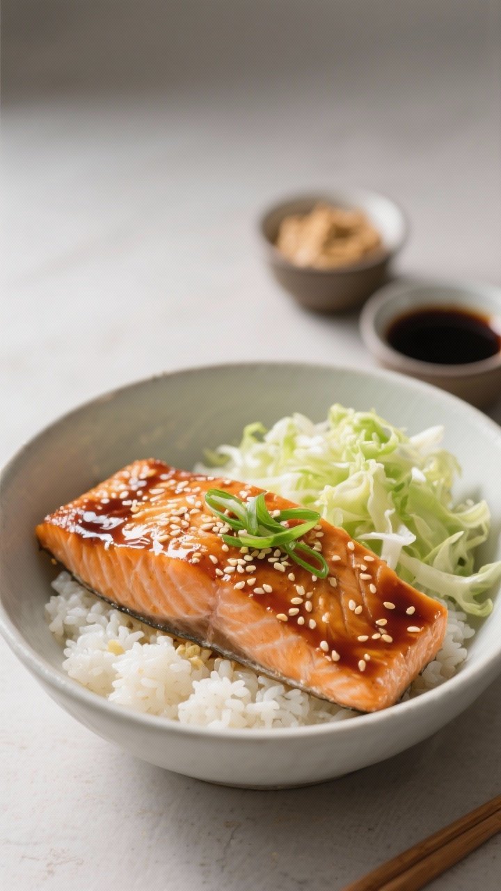 45-degree plated bowl shot: miso-ginger glazed salmon fillet lacquered and glossy atop steamed rice, with a side of sesame-oil tossed shredded cabbage; glaze made from white miso paste, honey, low-sodium soy sauce, rice vinegar, and fresh grated ginger visibly brushed on the fish; sprinkled with toasted sesame seeds and thin scallion slices; small ramekins holding miso paste and soy sauce in the background, clean modern ceramic bowl, soft diffused light.