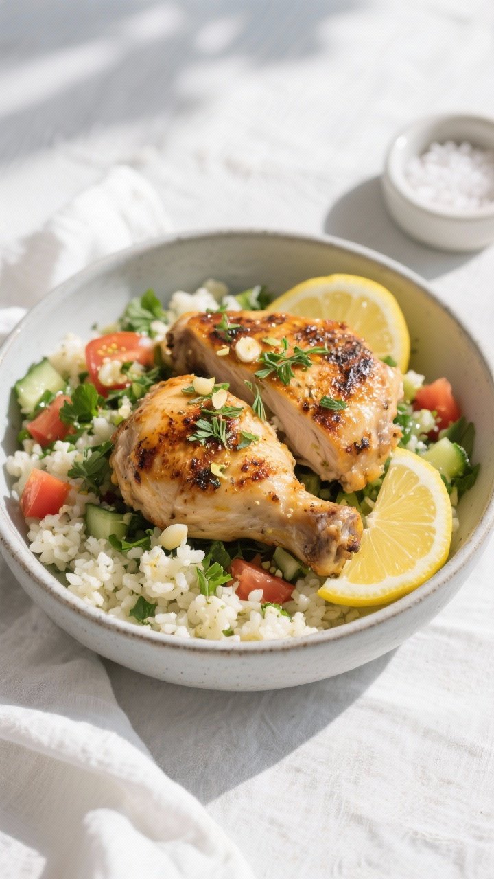 45-degree plated Greek Lemon Chicken Bowls: juicy grilled chicken thighs marinated with olive oil, lemon juice and zest, grated garlic, dried oregano, ground cumin, sea salt, black pepper; served over cauliflower “rice” tabbouleh with parsley, tomato, cucumber, lemon, and olive oil; garnished with lemon wedges and extra oregano; matte ceramic bowl on a white linen with a small ramekin of sea salt; crisp Mediterranean vibe, natural daylight.