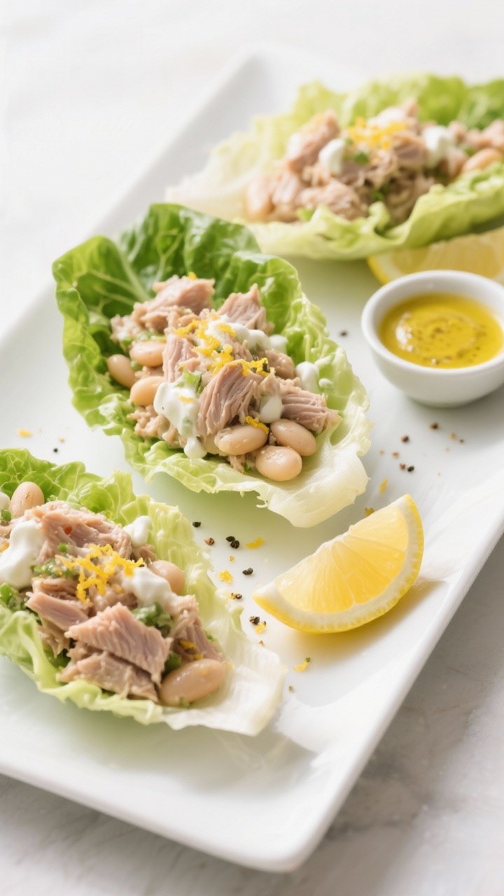 45-degree plated lettuce boats on a white platter: crisp lettuce leaves filled with a tuna-white bean mixture (drained tuna, cannellini beans, a touch of plain Greek yogurt or olive oil mayo, Dijon mustard, and fresh lemon juice), garnished with lemon zest and cracked pepper; lemon wedges and a tiny bowl of Dijon on the side; bright, zesty mood with clean highlights and visible bean and tuna texture.