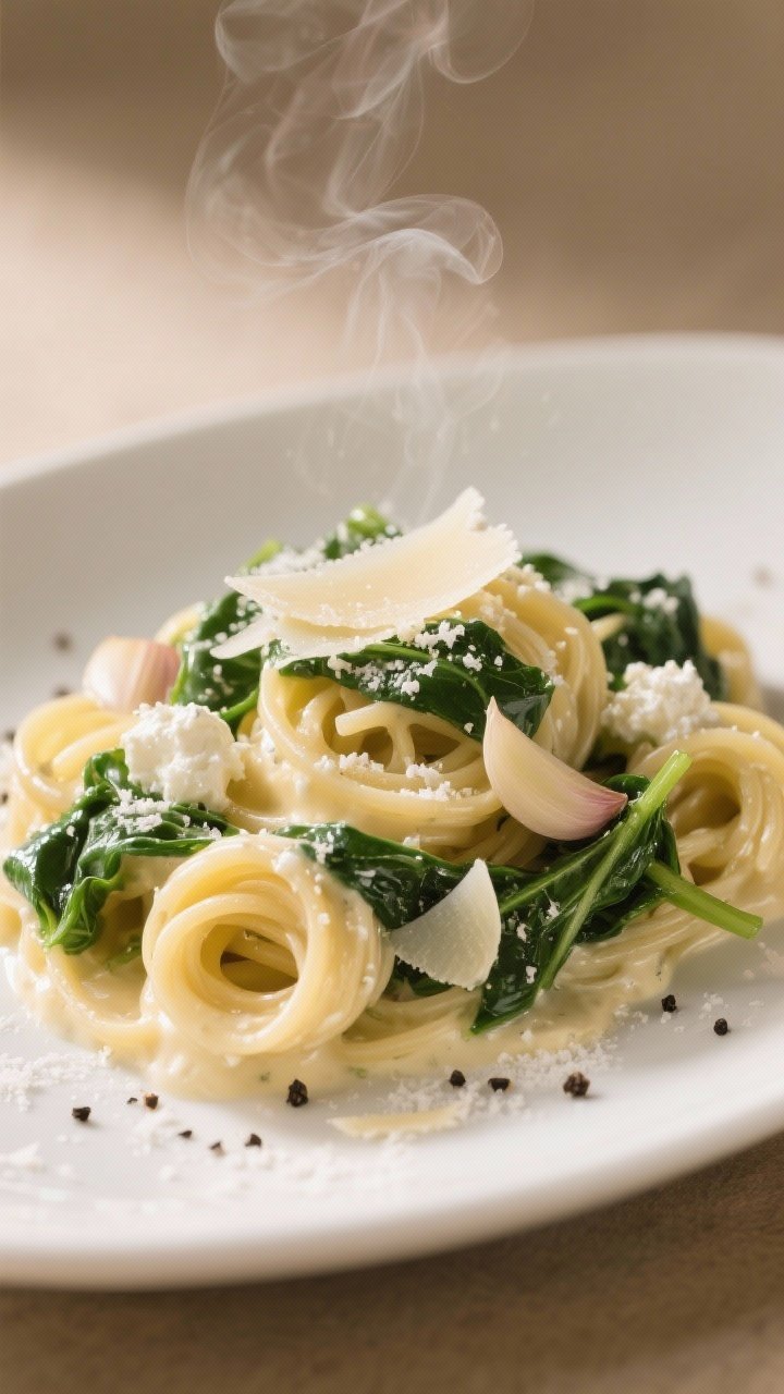 45-degree plated presentation: Creamy cottage cheese protein pasta twirled into nests, silky sauce made from low-fat cottage cheese and finely grated Parmesan clinging to high-protein pasta. Garlicky spinach wilted in olive oil and thinly sliced garlic scattered throughout, steam rising. Finish with cracked black pepper and a light Parmesan snow. Warm neutral background, shallow depth of field to emphasize the glossy sauce and tender spinach.