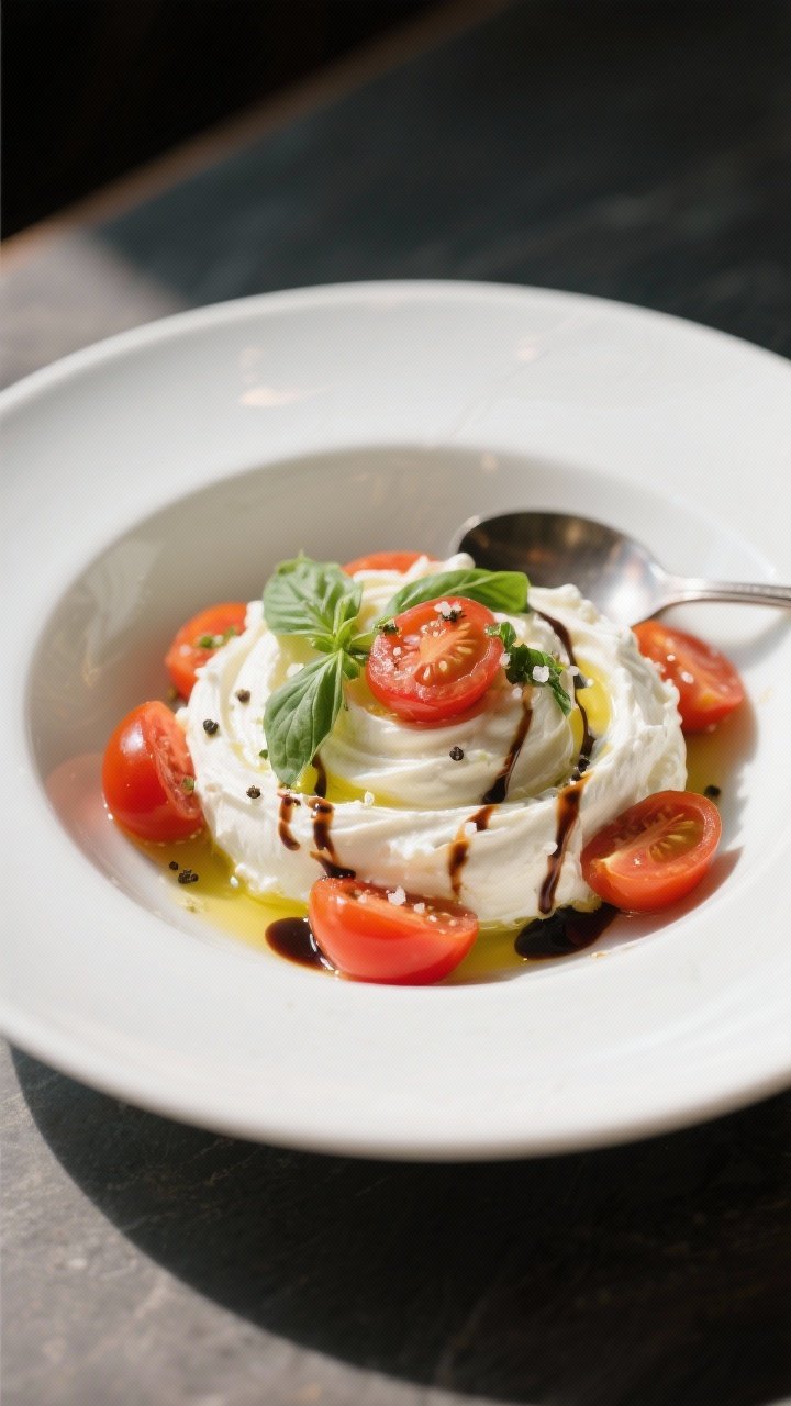 45-degree plated presentation of a savory ricotta tomato bowl: a mound of whole-milk ricotta swirled into soft peaks in a shallow bowl, crowned with juicy halved cherry tomatoes, streaks of balsamic glaze, a light extra-virgin olive oil sheen, and torn fresh basil leaves; salt and pepper flecks visible; bright, summery Italian mood on a matte white plate with a small spoon resting on the rim.