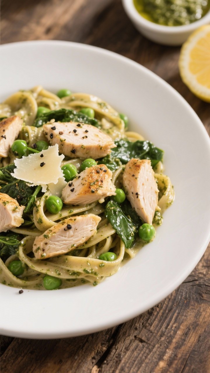 45-degree plated presentation of Creamy Pesto Chicken Pasta With Spinach And Peas: whole-wheat pasta ribbons coated in a silky pesto cream, bite-size seared chicken breast pieces seasoned with Italian seasoning and garlic powder, bright green peas and wilted spinach folded through; parmesan shavings and cracked black pepper on top; olive oil sheen catching the light; set in a shallow white bowl on a rustic wood table with a small dish of pesto and lemon wedge off to the side, shallow depth of field for appetizing focus.