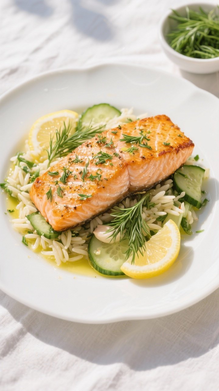 45-degree plated presentation of Lemon-Dill Greek Salmon: golden-seared, skin-on salmon with lemon zest and juice, olive oil, fresh chopped dill, dried oregano, and a dusting of garlic powder, served atop a cool cucumber orzo salad (orzo, thinly sliced cucumber, extra dill), garnished with lemon wedges and dill fronds, drizzles of olive oil catching the light, Mediterranean palette on a white plate, set on a sunlit linen with a small bowl of extra dill.