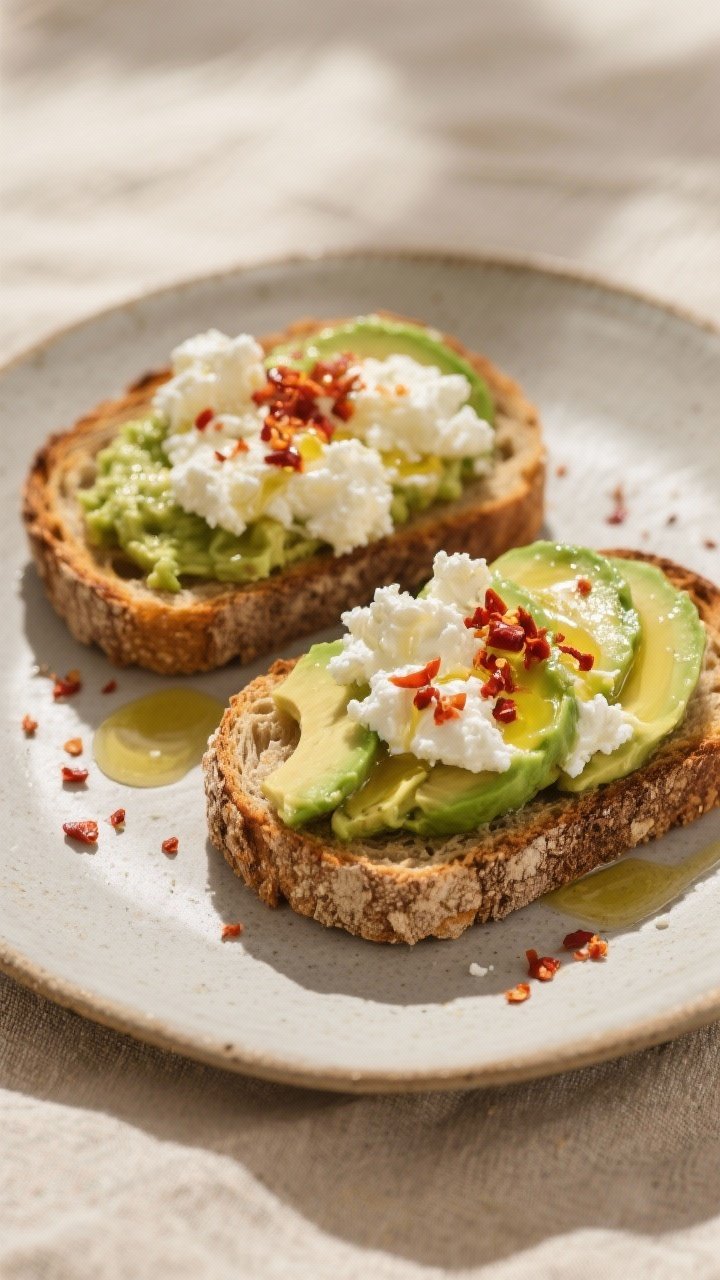 45-degree plated presentation of savory avocado cottage cheese toast: two slices of toasted whole-grain sourdough on a matte ceramic plate; each topped with creamy smashed ripe avocado, a generous scoop of small-curd cottage cheese, a glossy thread of extra-virgin olive oil, and a vivid crunchy chili crisp drizzle; a pinch of red pepper flakes scattered on the plate; crumb texture of the toast clearly visible; minimalist styling on a neutral linen with warm morning light for a cozy, savory breakfast vibe.