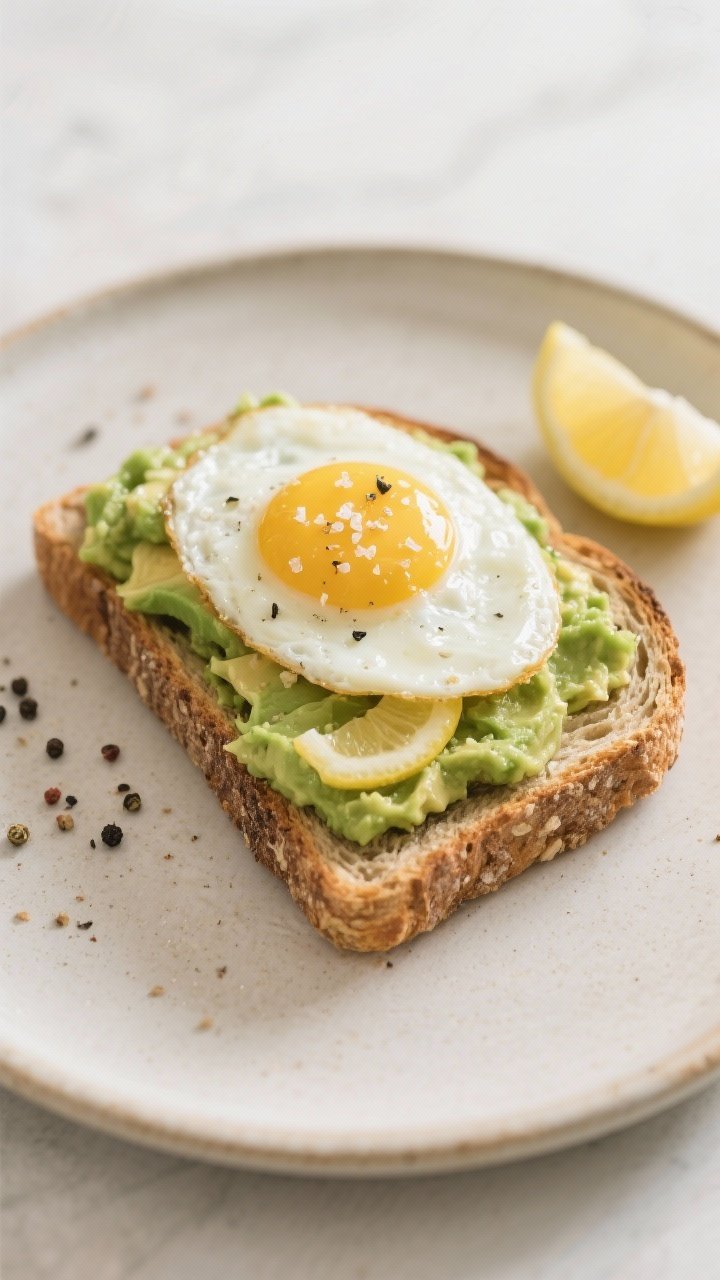 45-degree plated presentation of savory avocado egg toast: a single slice of toasted whole-grain or sourdough topped with mashed avocado kissed with fresh lemon juice, finished with a sunny-side-up egg, a pinch of flaky salt and cracked black pepper; set on a neutral ceramic plate with a lemon wedge and coarse pepper scattered; clean, airy light, emphasis on the jammy yolk and green avocado contrast.