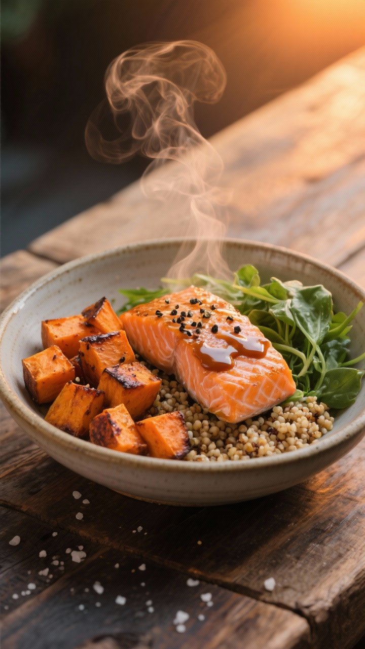 45-degree plated shot of a Sweet Potato Salmon Power Bowl: roasted sweet potato cubes with caramelized edges, skin-on salmon fillets with crisped skin and moist flakes, warm quinoa base, baby greens tucked in; everything drizzled with a glossy maple-miso sauce; black pepper specks and kosher salt crystals visible. Served in a wide ceramic bowl on a rustic wood table, steam gently rising, warm sunset light, vibrant orange, coral, and earthy grains creating contrast.