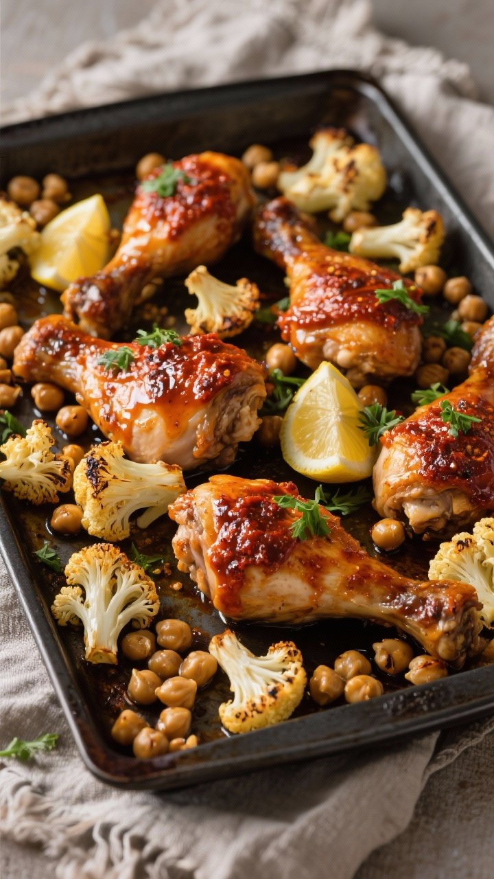 45-degree roasting tray of Harissa-Honey Chicken with roasted cauliflower and chickpeas: chicken thighs slathered with harissa paste, honey, olive oil, lemon juice, sea salt, black pepper; scattered florets of cauliflower and chickpeas roasted to crisp edges, lightly charred; finished with lemon wedges and parsley; glossy, spicy-sweet glaze catching the light; dark sheet pan on a linen for contrast, appetizing caramelization.