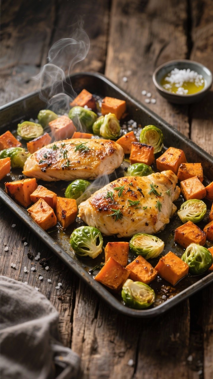45-degree sheet-pan scene of Herbed Chicken With Roasted Sweet Potatoes & Brussels: golden chicken breasts nestled among 1-inch cubed sweet potatoes and halved Brussels sprouts, all tossed with olive oil, sea salt, and black pepper; caramelized edges and steam visible; served on a dark metal sheet pan over a rustic wooden table, with a small pinch bowl of flaky sea salt and a drizzle of olive oil catching light.
