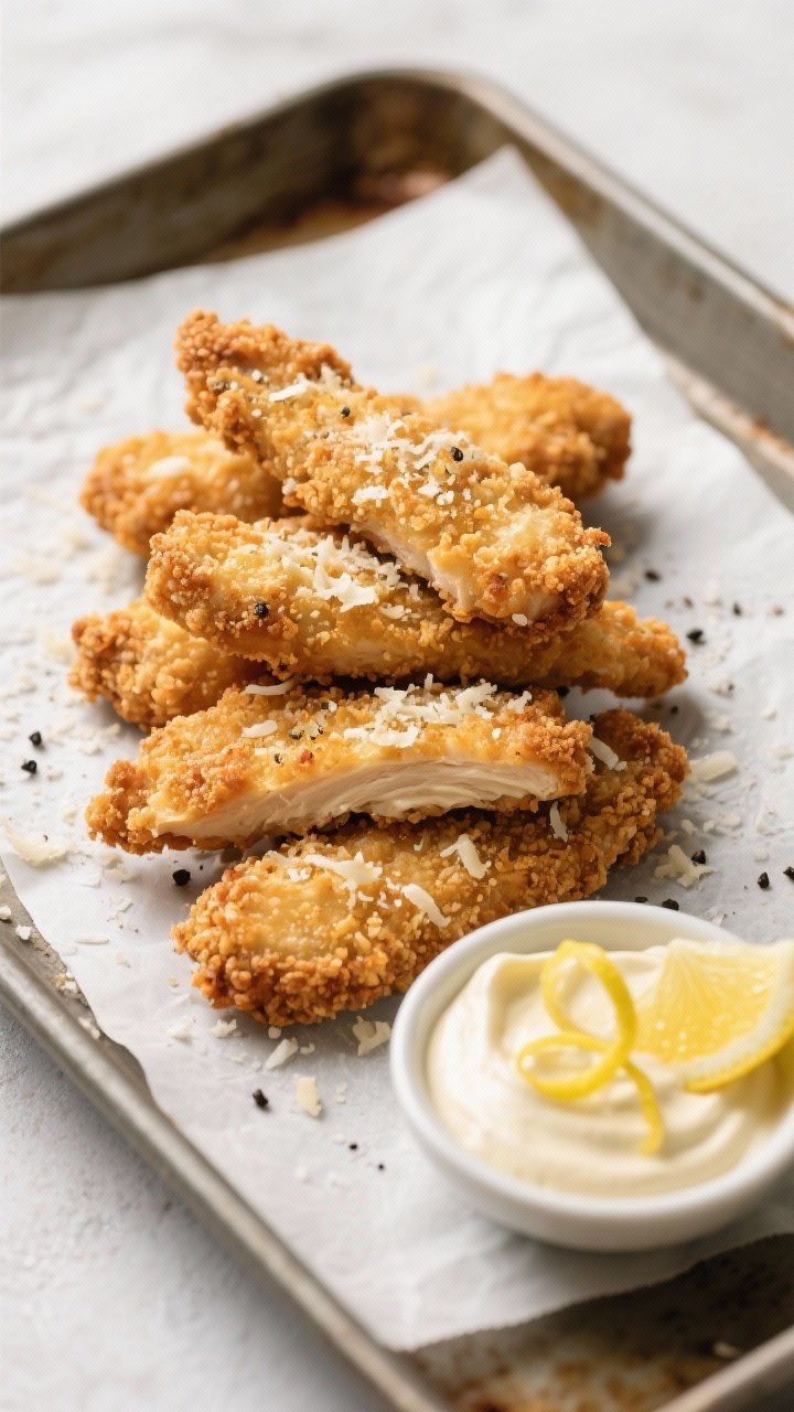 45-degree shot of Crispy Parmesan Chicken Strips with Lemon Aioli: panko- and grated Parmesan-crusted chicken strips stacked for height, deeply golden with visible crunchy texture and garlic powder flecks. A small bowl of silky lemon aioli with lemon zest curls and a wedge on the side. Light sprinkle of kosher salt and black pepper on top. Presented on parchment over a sheet pan to imply baked/pan-fried versatility; crisp, inviting mood.