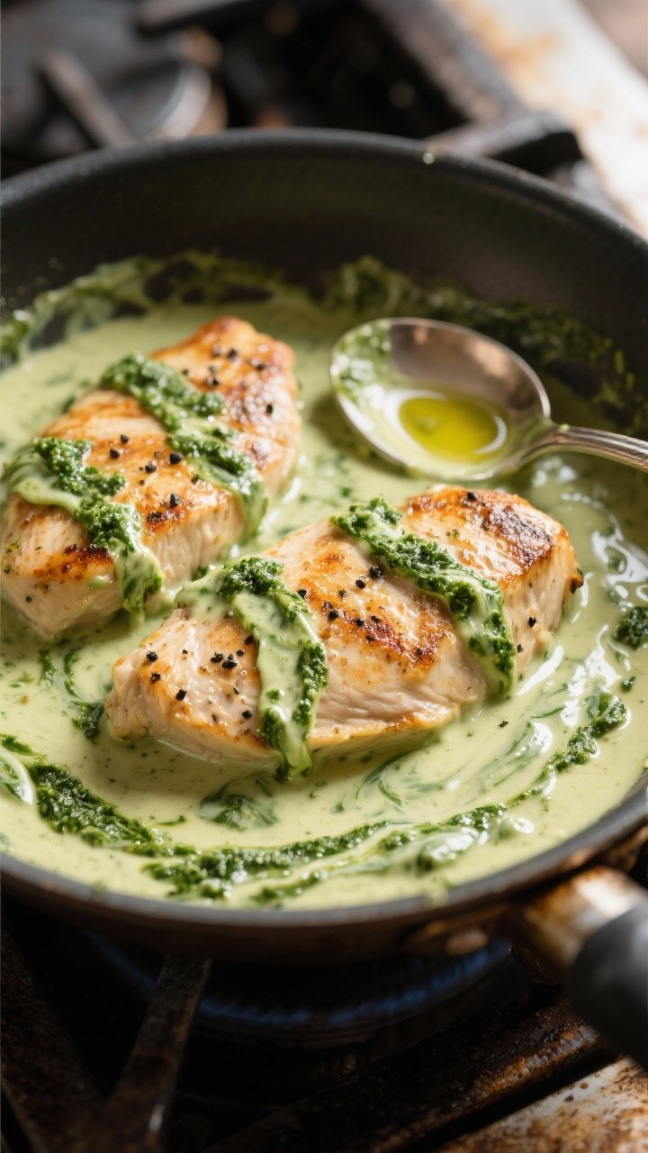 45-degree skillet close-up: seared chicken cutlets nestled in a glossy creamy basil pesto sauce, ribbons of pesto marbling through heavy cream, tiny flecks of black pepper; sauce clinging to the cutlets with a gentle sheen from olive oil; a spoon resting in the skillet showing the sauce’s velvety texture; warm, cozy light with a rustic stovetop backdrop.