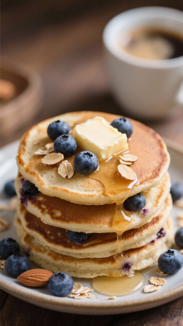 45-degree stack shot of blueberry almond protein pancakes on a small plate: fluffy cakes made from rolled oats, almond flour, vanilla protein powder, baking powder, a pinch of salt, egg, and milk; fresh blueberries studded throughout and a few bursting at the edges. Light drizzle of maple syrup and toasted sliced almonds on top, pat of butter melting, with a cup of coffee blurred in the background; warm, inviting breakfast mood.