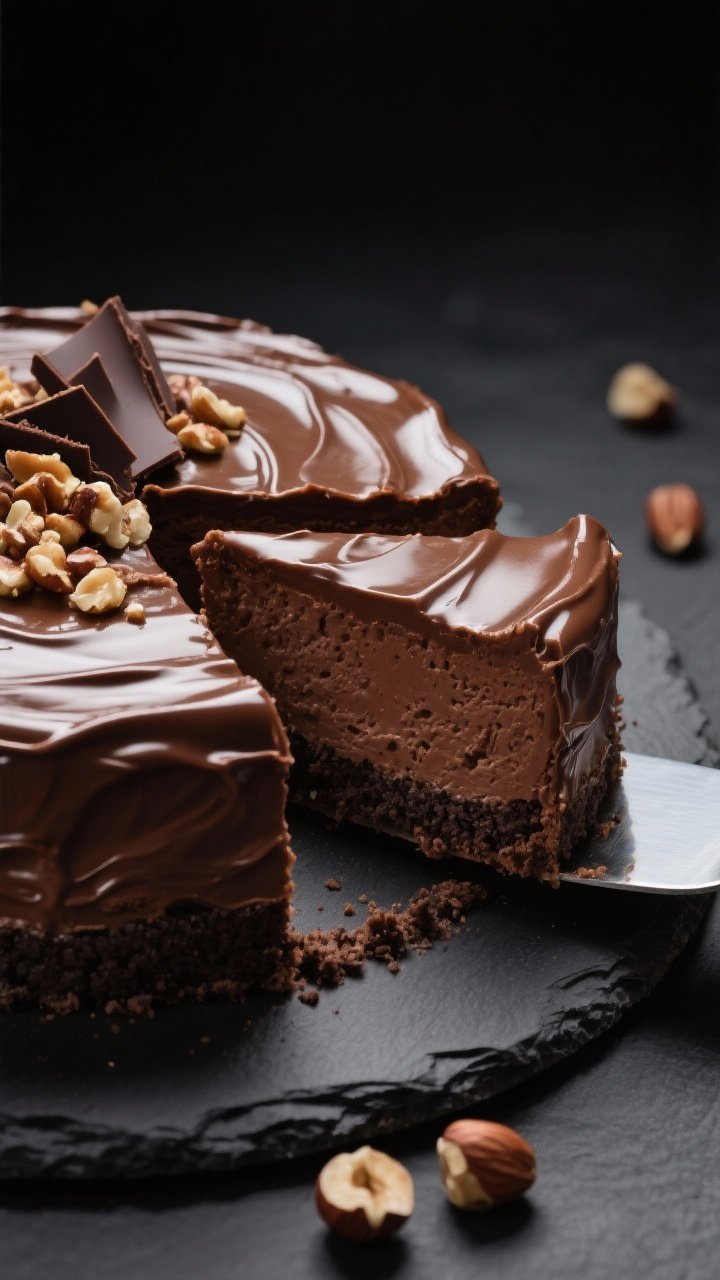 A 45-degree angle close-up of chocolate hazelnut cheesecake: glossy Nutella-like ganache topping with delicate ripples, rich chocolate cookie crust base, ultra-smooth chocolate filling from cream cheese, sugar, sour cream, and chocolate-hazelnut spread; garnished with chopped toasted hazelnuts and fine chocolate curls; dark moody lighting, matte slate surface, and a thin, gleaming cake knife with a neat slice showcasing dense, truffle-like texture.